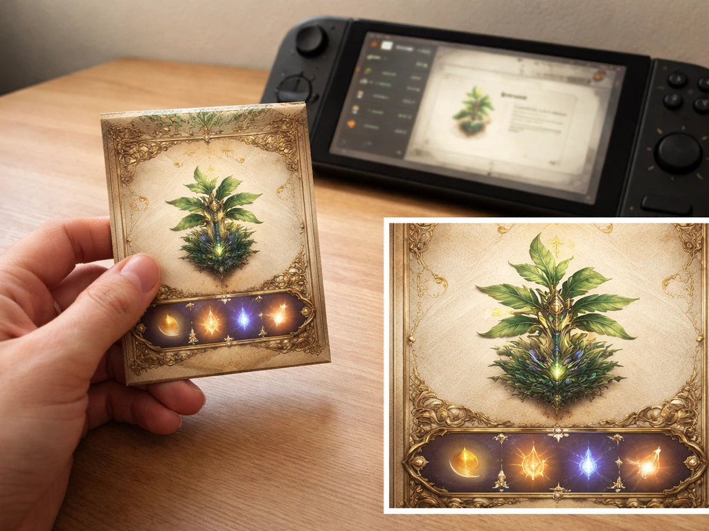 A seed packet and game-style inventory screen on a desk, with a close-up of the mythical-tier drop pack.