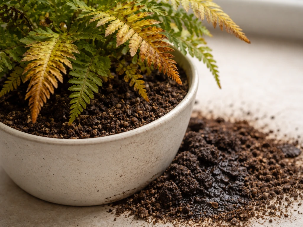 Close-up of a potted fern showing yellowing fronds beside a visible soggy vs crumbly soil patch.