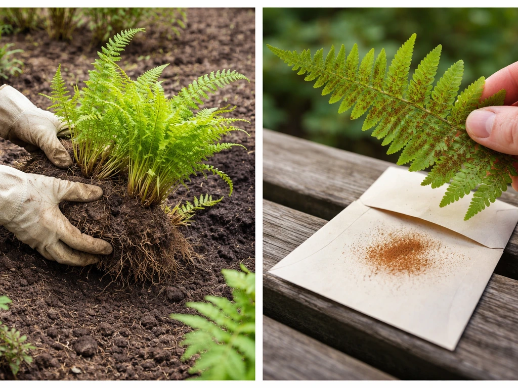 Early spring fern clump being divided, next frame shows frond underside ready to collect spores for sowing.