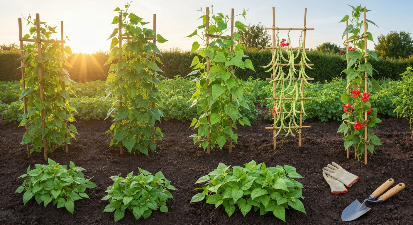 Photorealistic garden scene with multiple bean plants—pole, yardlong, runner, and bush—growing on trellises and in beds.
