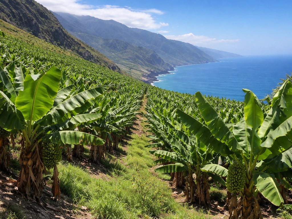Banana plantation on a Tenerife hillside with the Atlantic coastline and mountains in the distance
