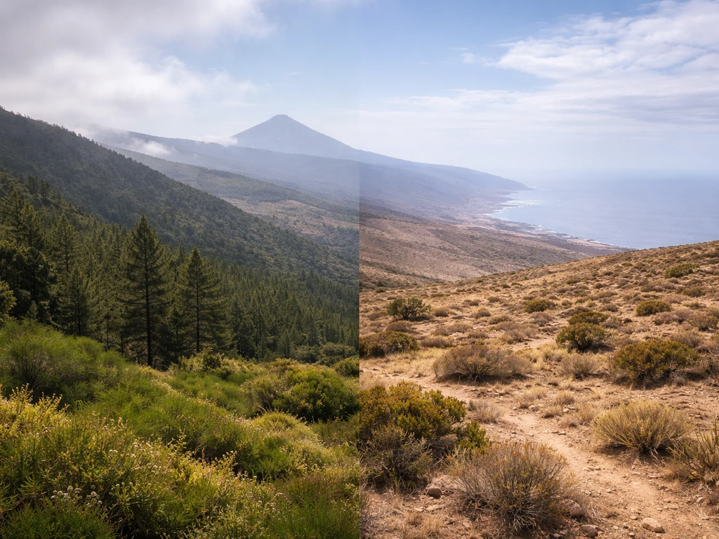 Tenerife split landscape: lush misty north slopes on one side and dry bright south coast on the other.