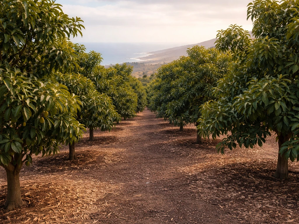 Avocado trees in a neatly managed fruit orchard grove with visible canopy structure and light coastal haze