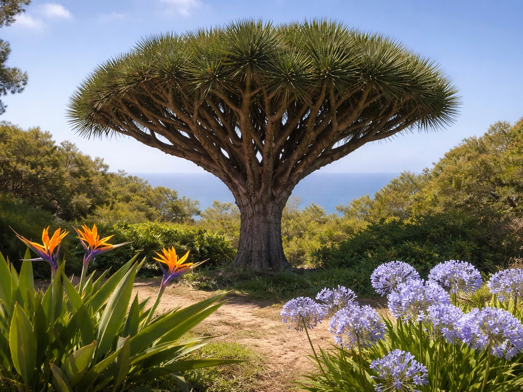 Tenerife dragon tree beside blooming bird-of-paradise and agapanthus in a sunny coastal garden