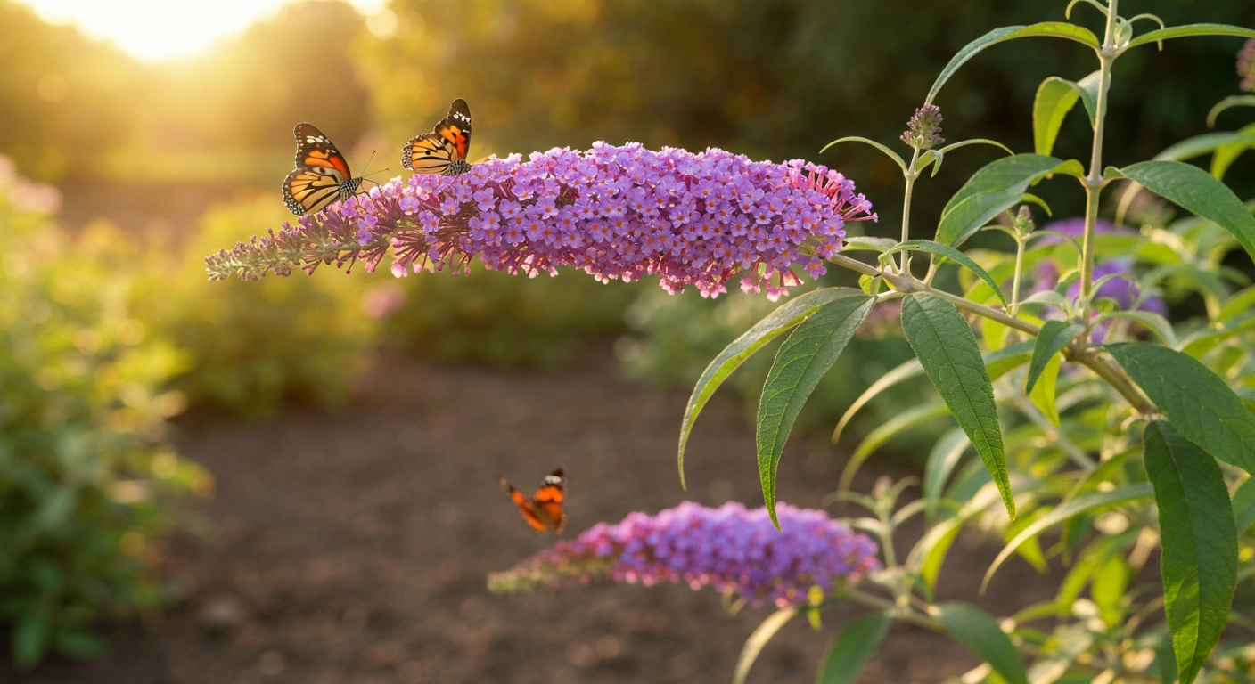 Sunlit purple butterfly bush in full bloom with butterflies feeding on the flower spikes.