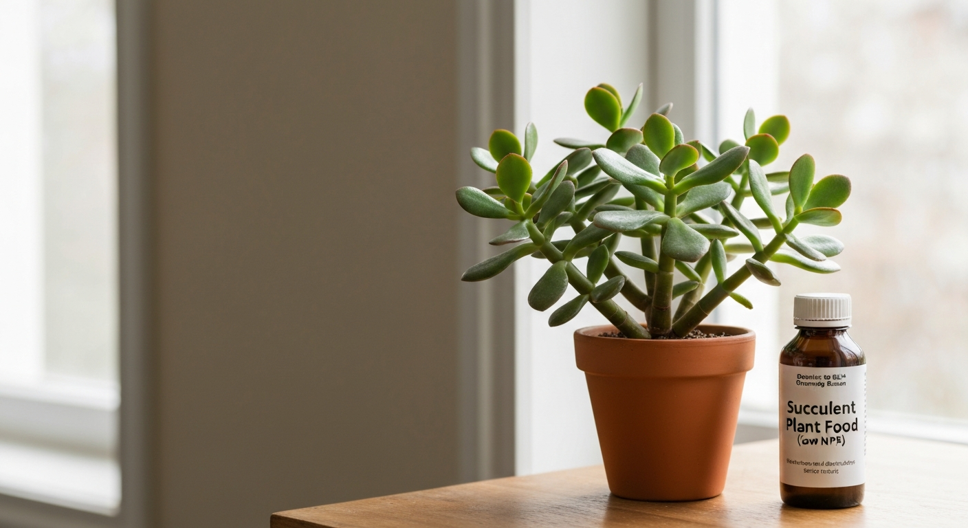 Healthy jade plant in a terracotta pot beside a small bottle labeled 'Succulent Plant Food (low NPK)' on a wooden table in soft natural light.