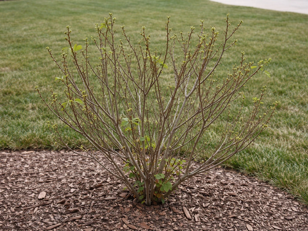 Stalled crepe myrtle with sparse leaves and bare branches in a quiet yard, showing limited new growth.
