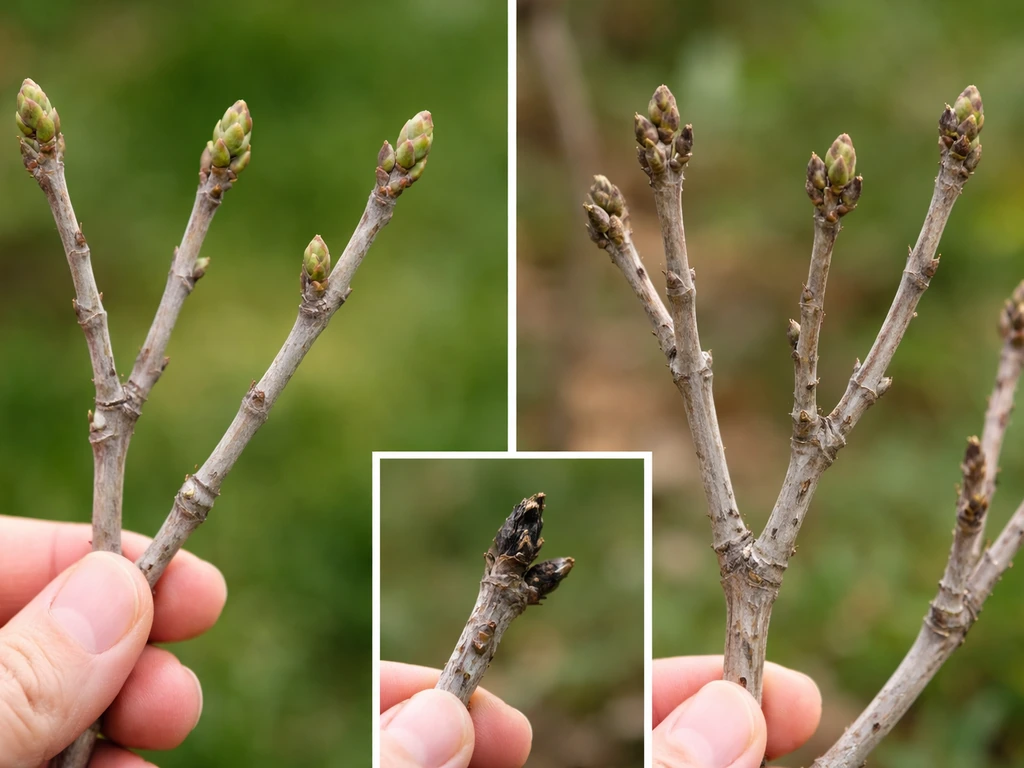Split close-up of crepe myrtle branch tips showing dormant, stalled growth, and dead-back conditions.
