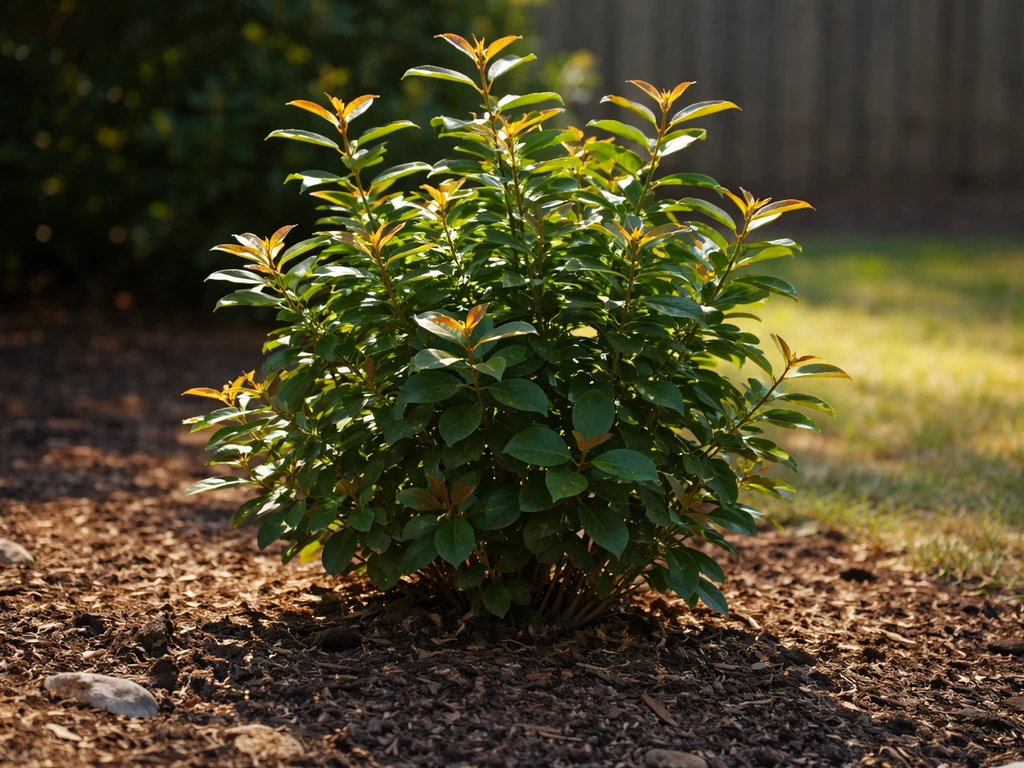 Crepe myrtle in strong direct sunlight with long sunbeams on leaves and branches.