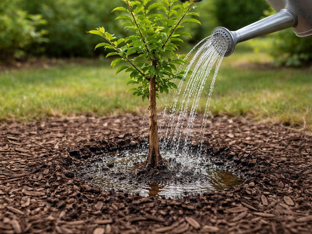 Young crepe myrtle being watered at the base with visible mulch and moist soil in a garden.