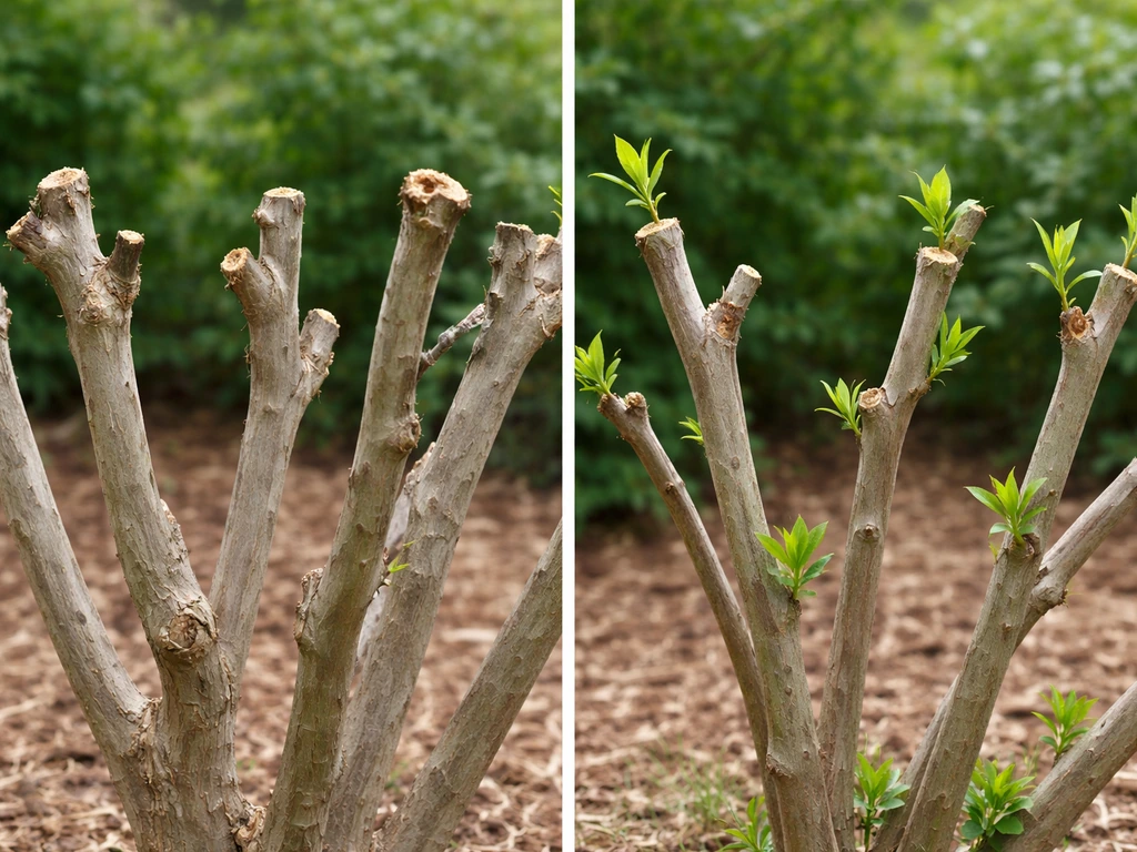 Split scene showing harmful heavy crape myrtle cuts versus a neat pruning with new growth on branches.