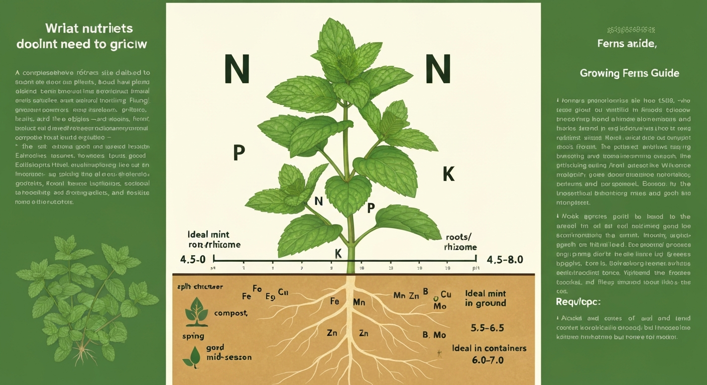 Infographic of a mint plant with roots, labeled N-P-K and micronutrients, plus a soil pH scale highlighting ideal ranges.
