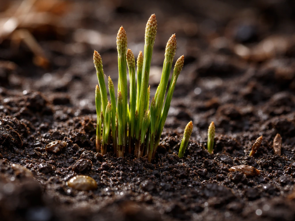 Close-up of early-spring horsetail shoots emerging from damp soil