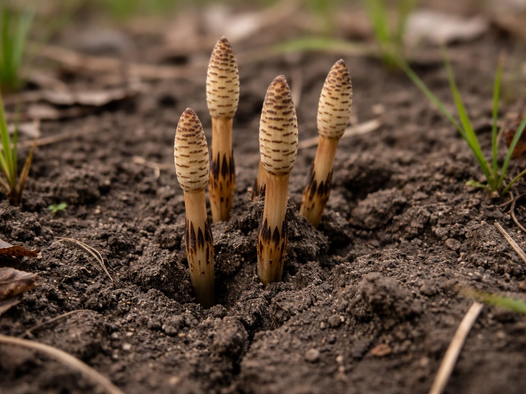 Early spring field horsetail fertile shoots breaking through soil, before lush green growth takes over
