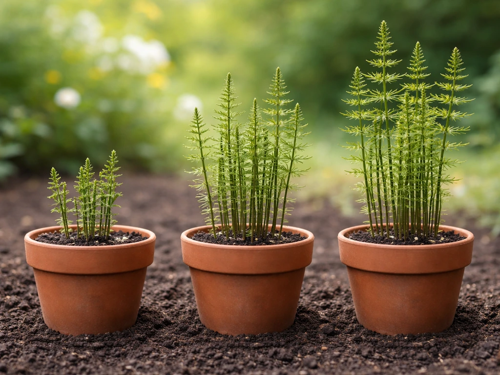 Three horsetail pots showing slow early growth, taller mid-summer growth, and tallest peak-summer stems.