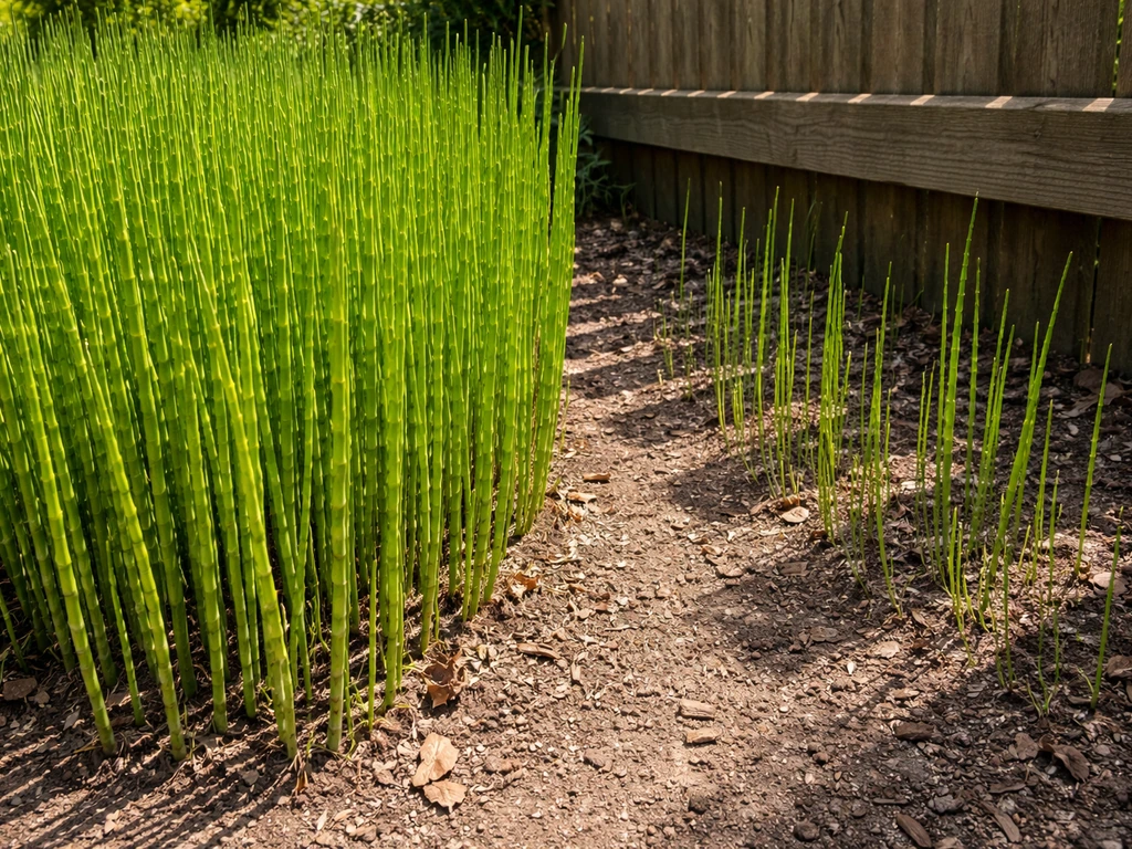 Horsetail plants thriving in full sun beside thinner horsetail in partial shade.