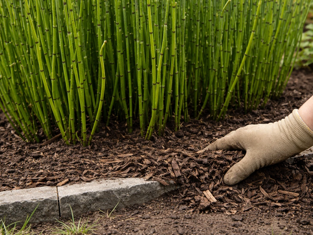 Healthy green horsetail stems in a garden bed with mulch and a low barrier placed to contain spread.
