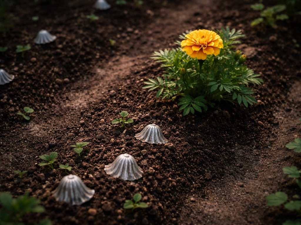Whimsical small garden row with a tidy marigold-like plant and subtle silver-bell shell motifs.