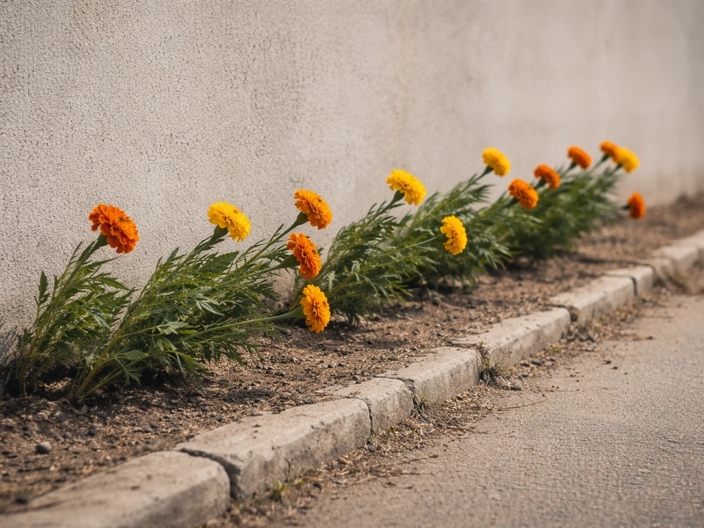Bright marigolds thriving in a windy edge bed next to a stone wall, resilient and contrary to expectations.