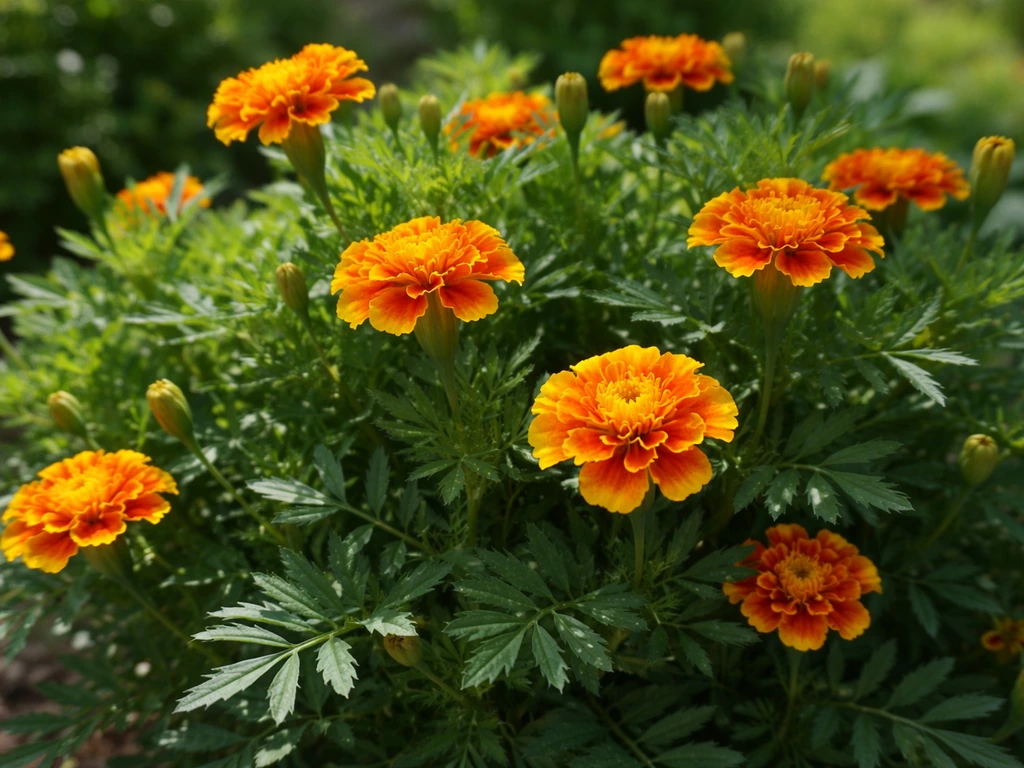 Close-up of French marigold flowers and dense green foliage in a garden.