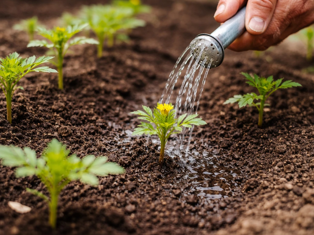 Anonymous hands gently water marigold seedlings at the base of well-drained soil, no standing water.