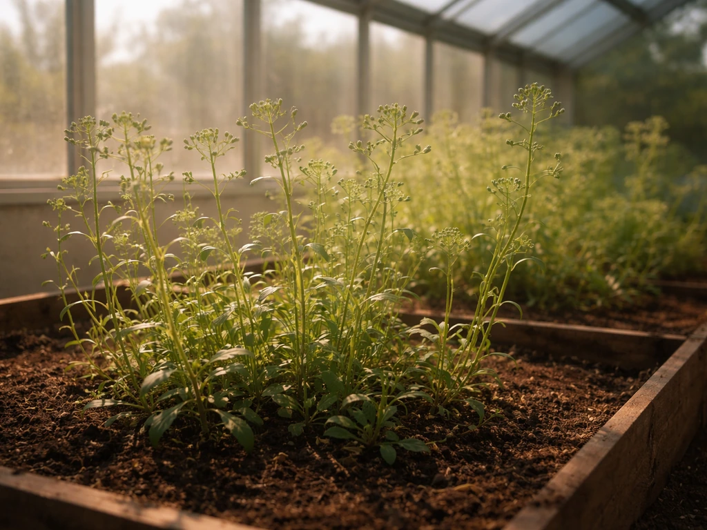 Fluxweed-like plants thriving in a sunny greenhouse with dry soil and bright greenhouse light above.