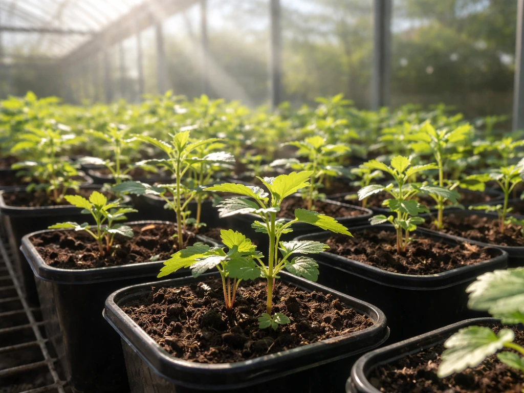 Fluxweed seedlings in pots in a greenhouse, lit by direct sunlight through glass panels.