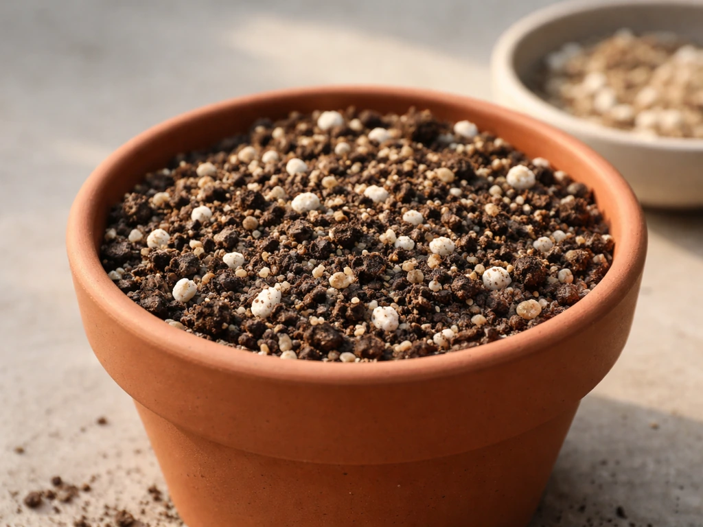 Close-up of a fast-draining gritty substrate mix in a simple pot with perlite, sand, and coco coir textures