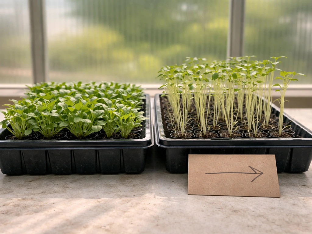 Greenhouse photo showing side-by-side compact seedlings and leggy stretched seedlings with a blank note card.