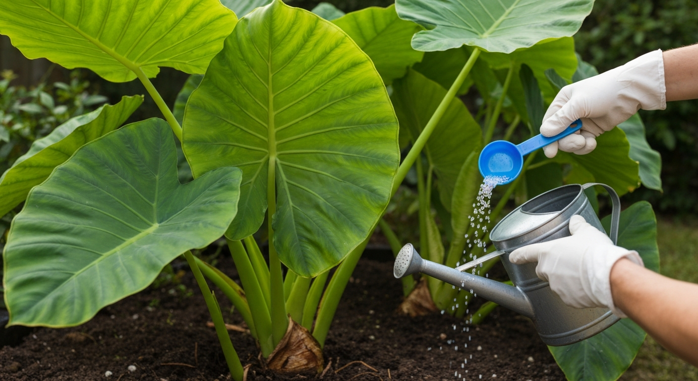 Elephant ear plant in a garden being fed with water-soluble fertilizer from a watering can.