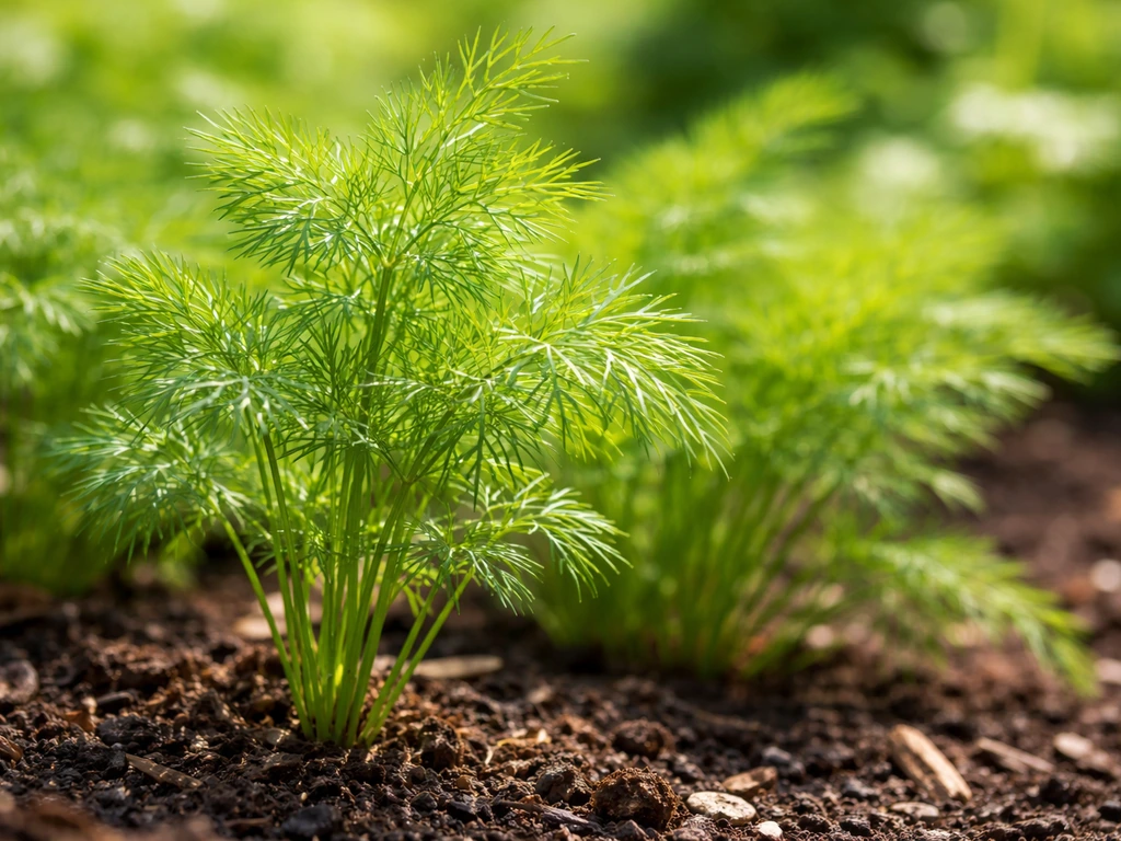 Close-up of sunlit dill fronds growing outdoors in rich soil, with feathery green leaves in focus.