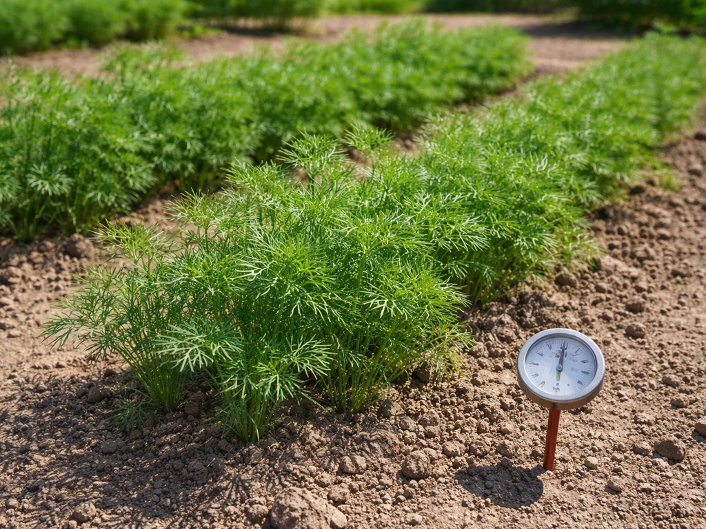 Sunlit dill growing in an outdoor bed with a small thermometer beside the plants