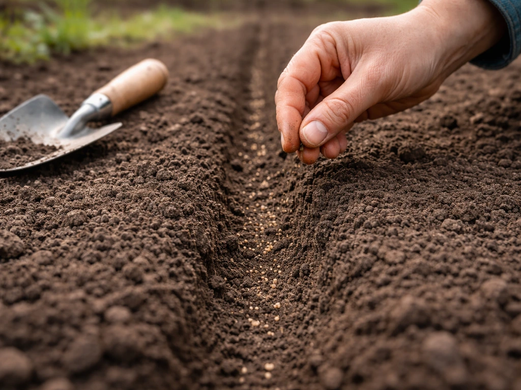 Close-up of hands placing dill seeds into shallow soil in a prepared garden row.