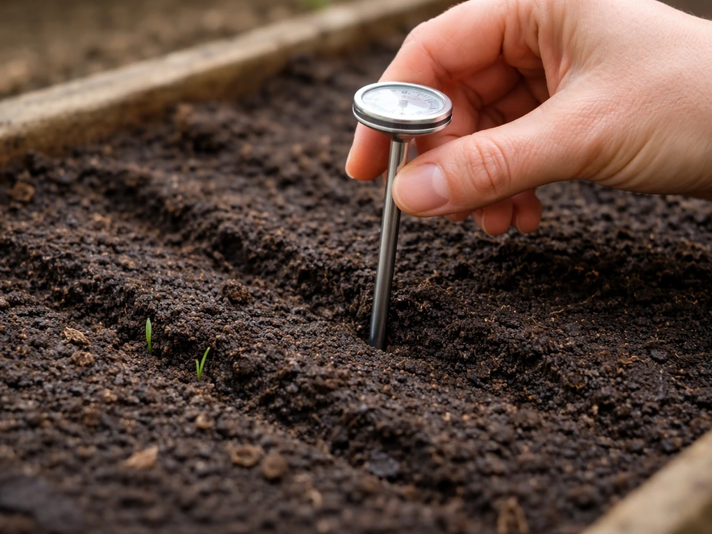 Hand holding a soil thermometer in a small dill seed bed with damp soil and a few emerging seedlings