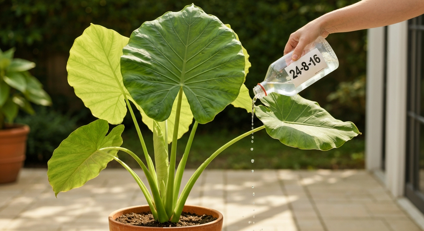 Gardener watering a lush elephant ear plant in a pot with a water-soluble 24-8-16 fertilizer solution.