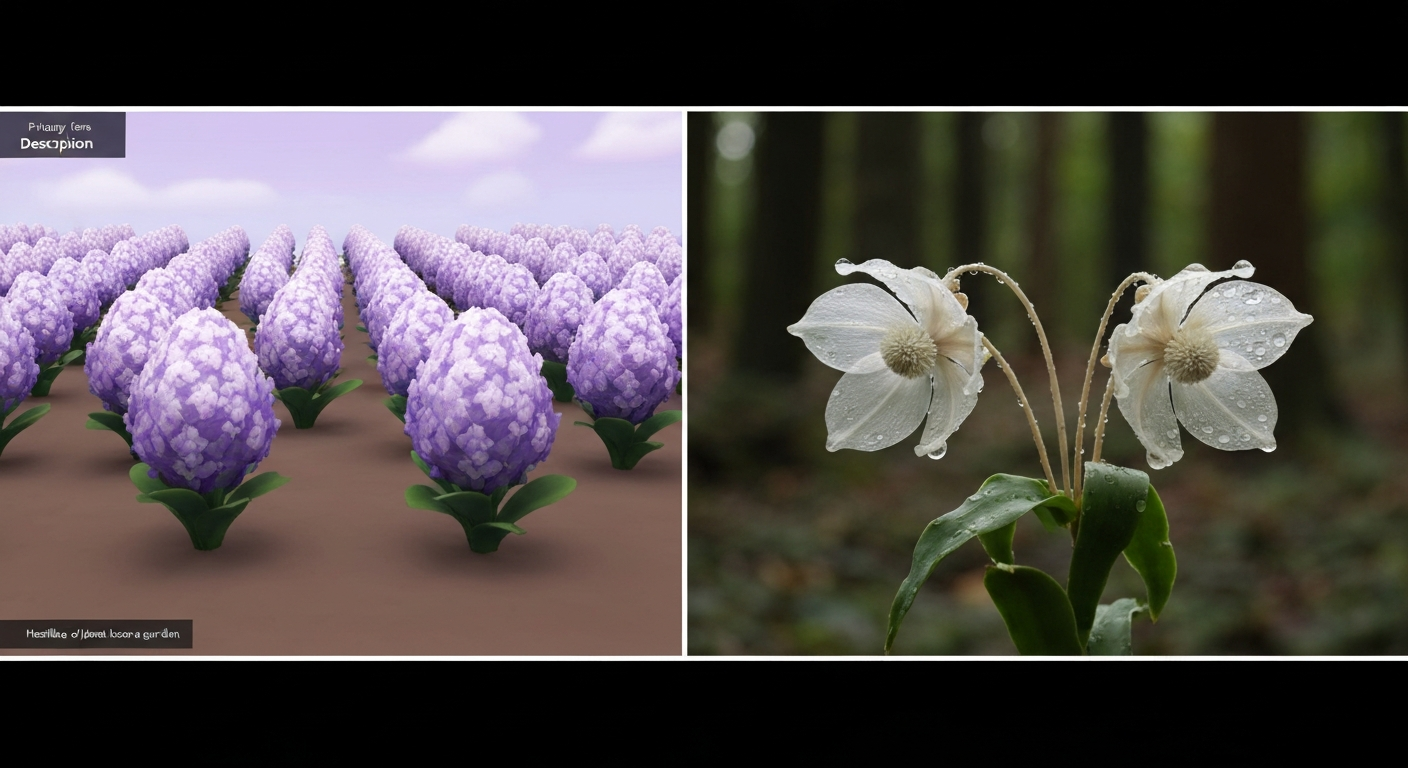 Split-image banner: a stylized Roblox 'Bone Blossom' plant on the left and a photorealistic skeleton flower (Diphylleia grayi) on the right showing one dry white bloom and one bloom with translucent petals in the rain.