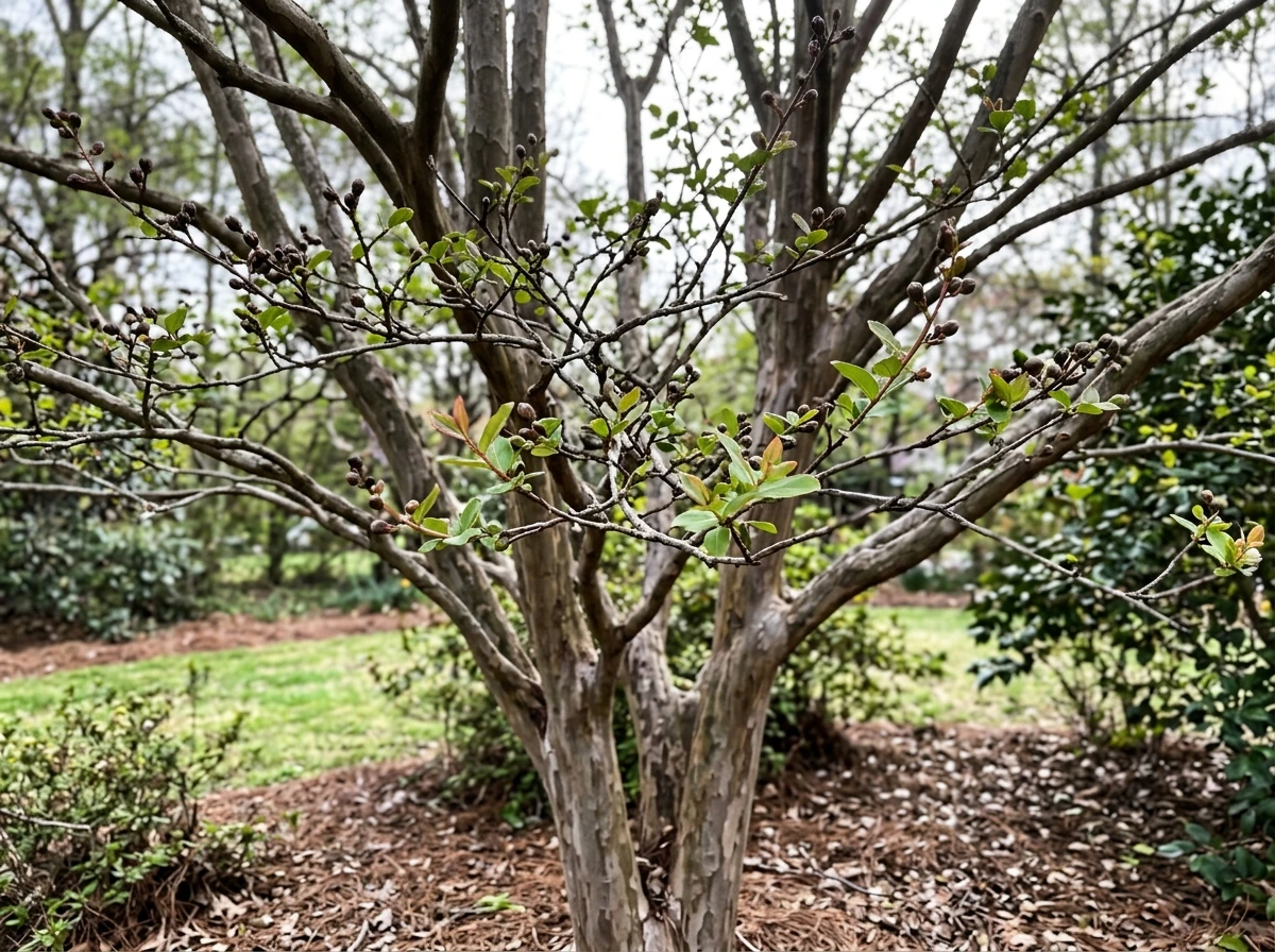 Crepe myrtle tree leafing out in spring with fresh buds and new leaves