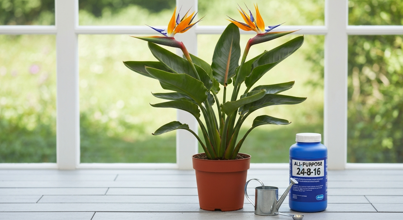 Potted bird of paradise with an all-purpose fertilizer container, watering can, and measuring spoon on a sunlit patio.