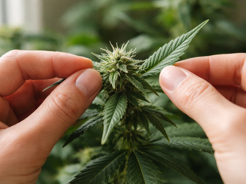 Hands measuring the calyx-to-leaf ratio on a flowering plant with the rest softly blurred.