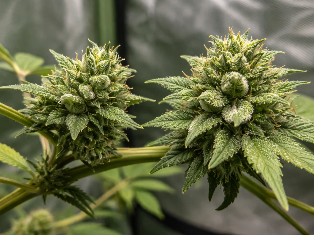 Close-up of cannabis buds on a branch showing faster calyx swelling in one week vs slower buds nearby