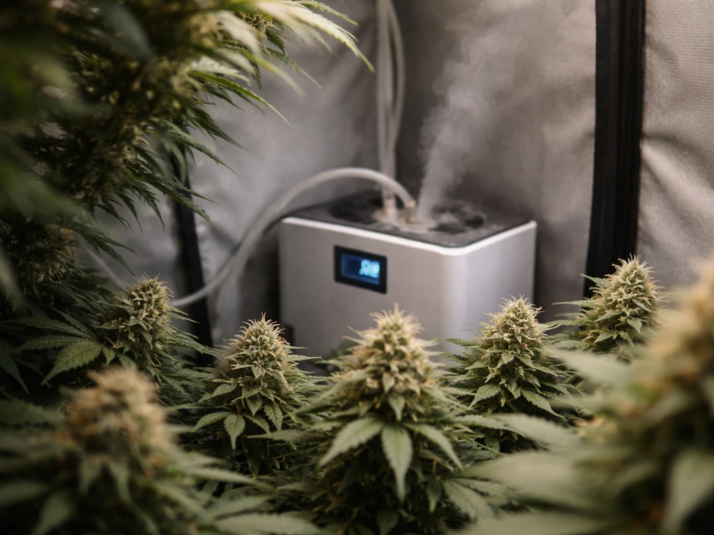 Close-up of flowering buds in a grow tent with humidifier/dehumidifier mist near the control unit.