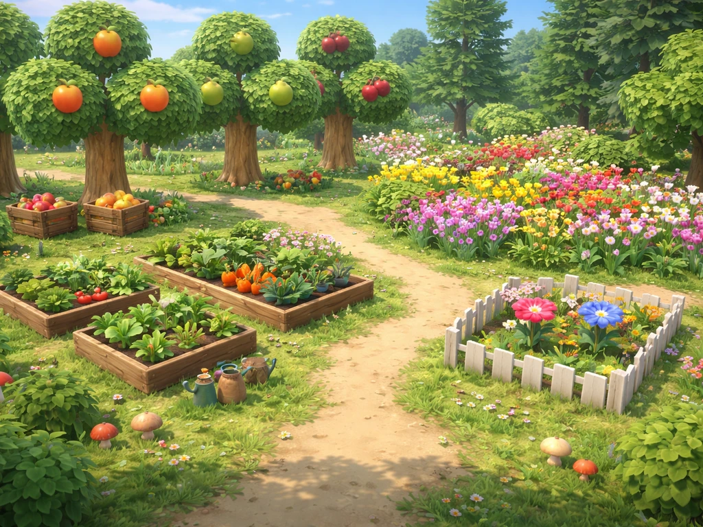 Vibrant ACNH island garden with fruit trees, vegetable beds, flower patches, and scattered mushrooms.