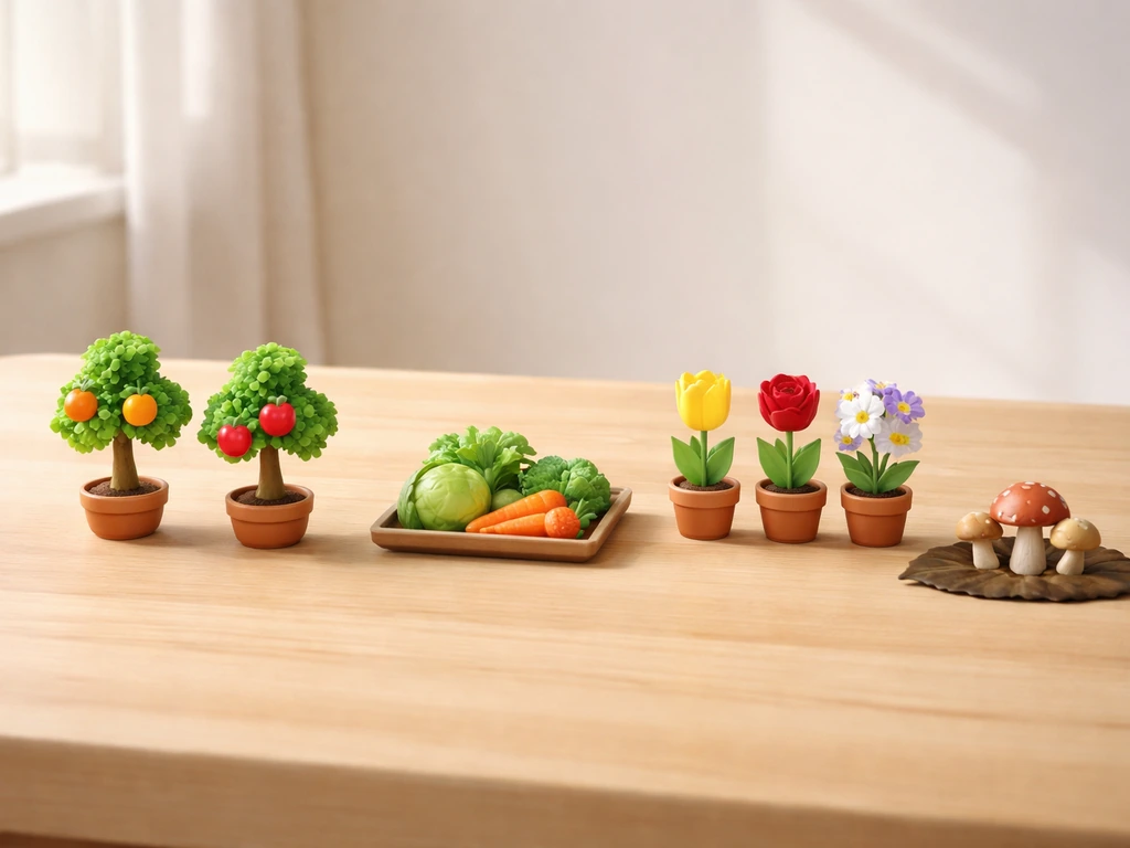 Tabletop scene with four spaced clusters representing fruit trees, produce, flowers, and seasonal mushrooms.
