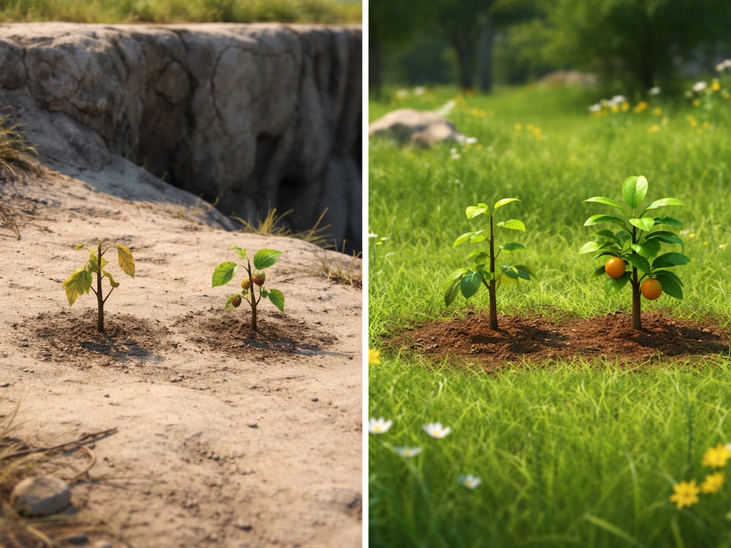 Split ground scene: wilted saplings on sand by a cliff versus healthy trees on grass and dirt tiles