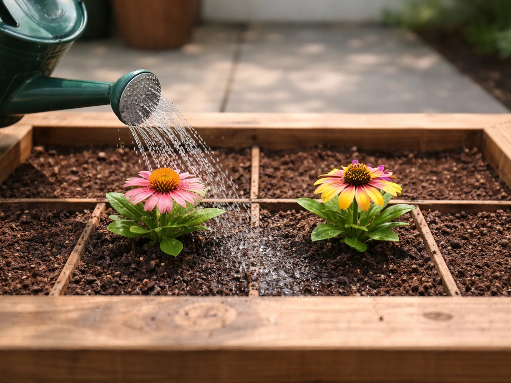 Garden bed with two adjacent flower seedlings, empty tiles between, and a watering can releasing a gentle stream.