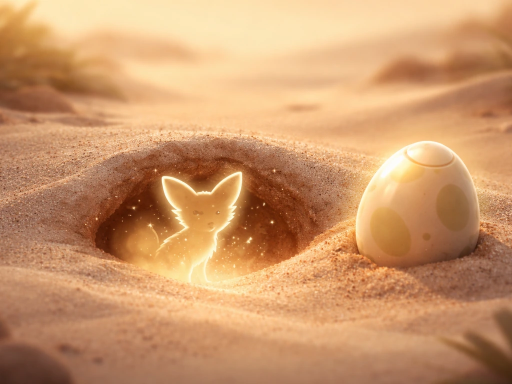 Fennec fox silhouette glowing from sand near a simple egg/incubator in a desert garden scene