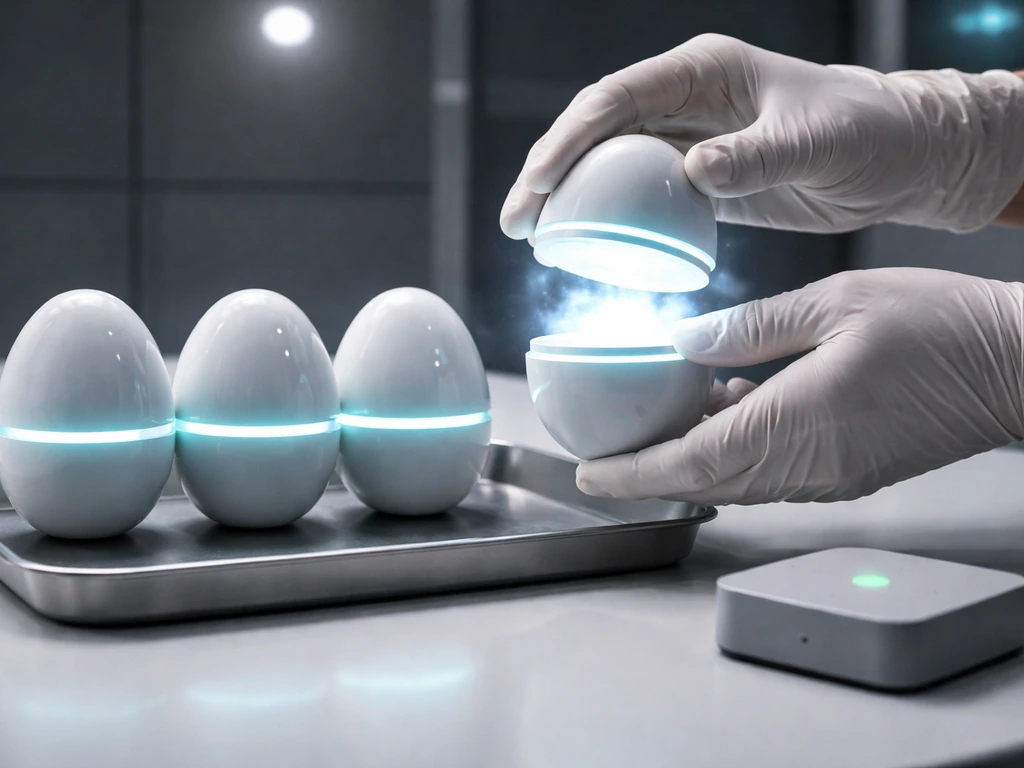 Minimal photo of a hand opening an egg-like capsule next to a few more in a quiet sci‑fi lab setting