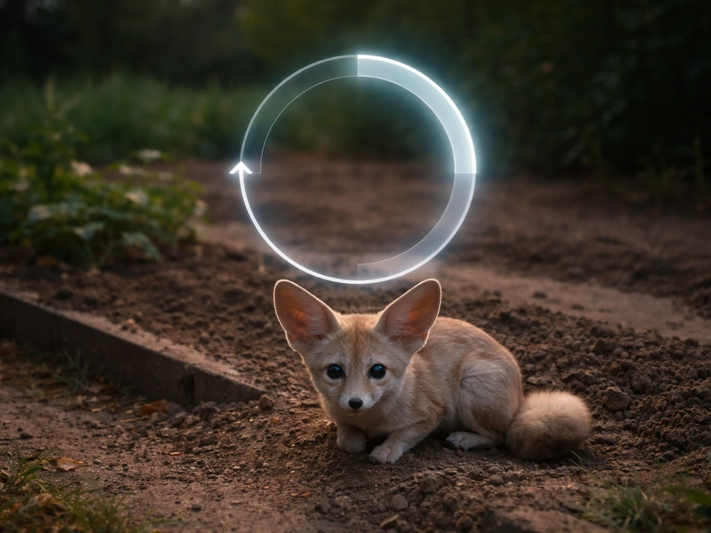 A fennec fox by a garden plot with a glowing cooldown-style circle hovering above it.