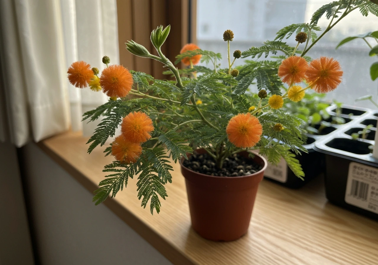 Thriving Mimosa x Orange Punch plant with vivid orange flowers in a simple indoor grow setup