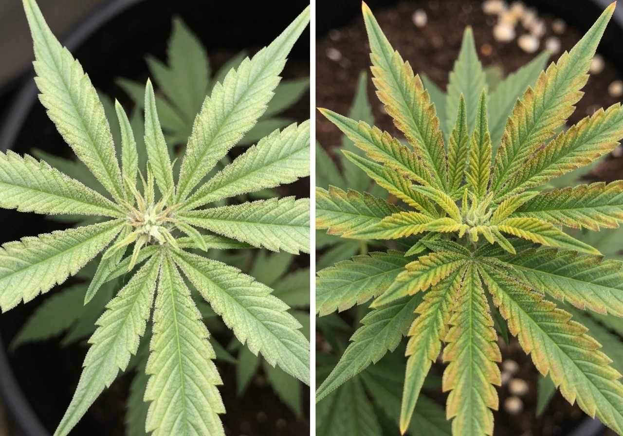Close-up comparison of two cannabis plants showing lighter green vs warm orange-tinged leaf tones.